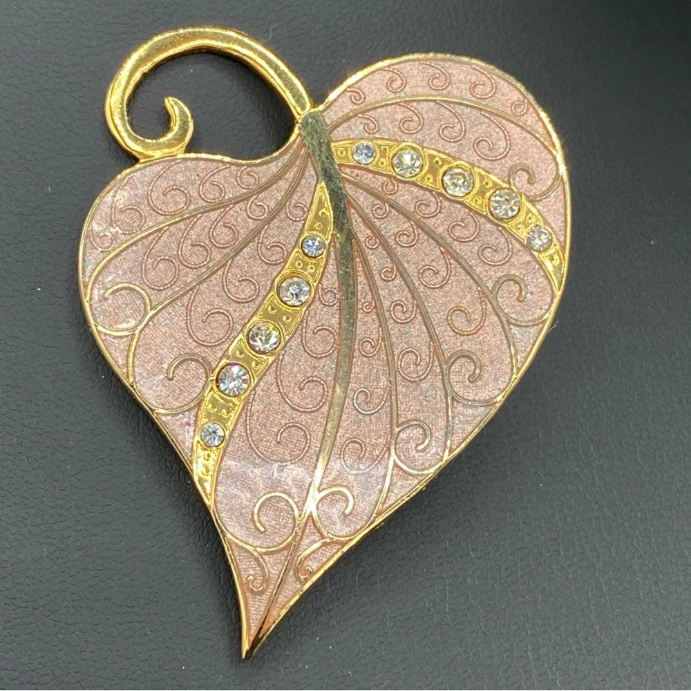 Rare Heart Shaped Leaf Brooch Signed Fish with Champagne Enamel and Rhinestones